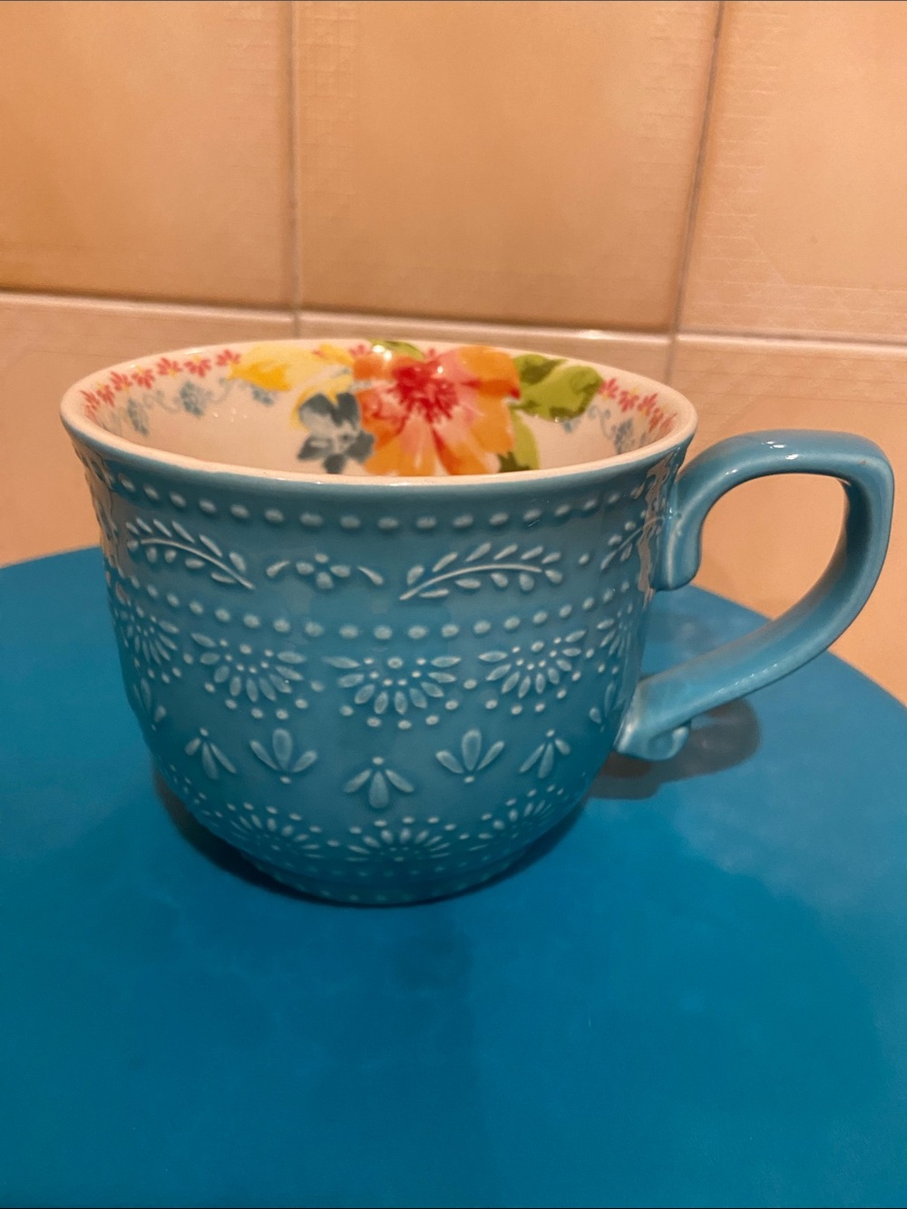 🩷The Pioneer Woman Wildflower Whimsy Mug Turquoise Floral-Trim Embossed